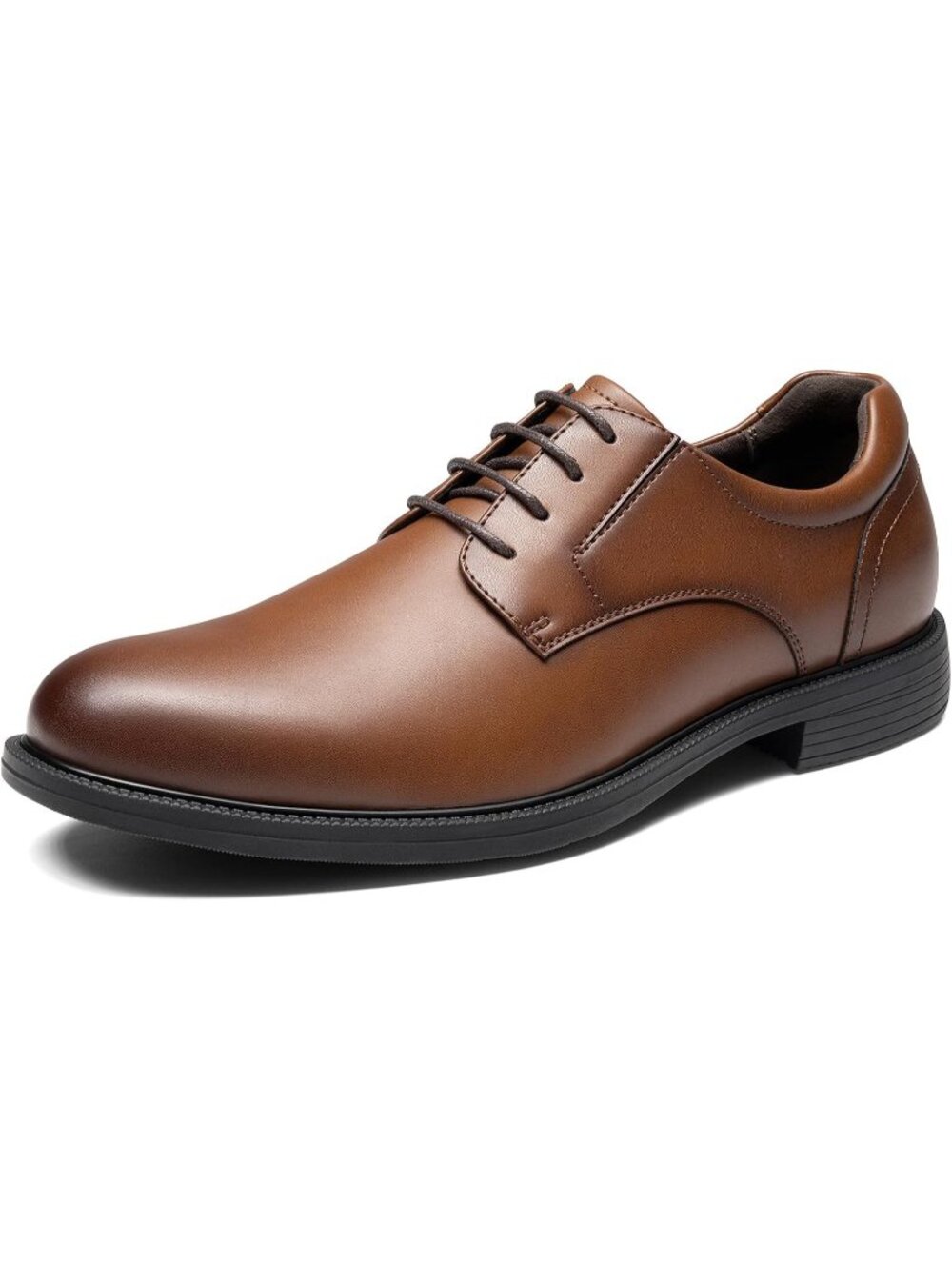Men's Brown Solid Leather Anti-Slip Grooved Plain Toe Derby Tuxedo Dress Shoes